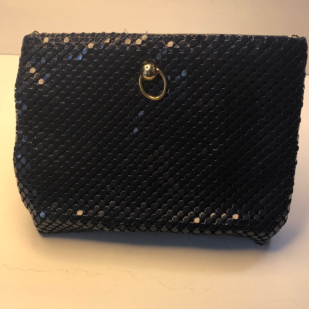 Navy blue sequins clutch with gold accents chain